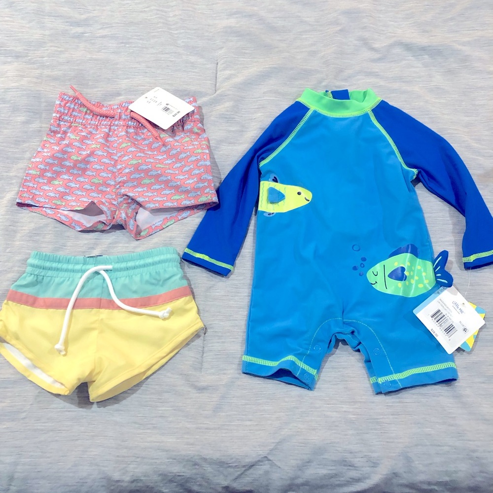Boys 6-9M Little Me, Little Lamb & Co., Starting Out swim trunks and rash guard